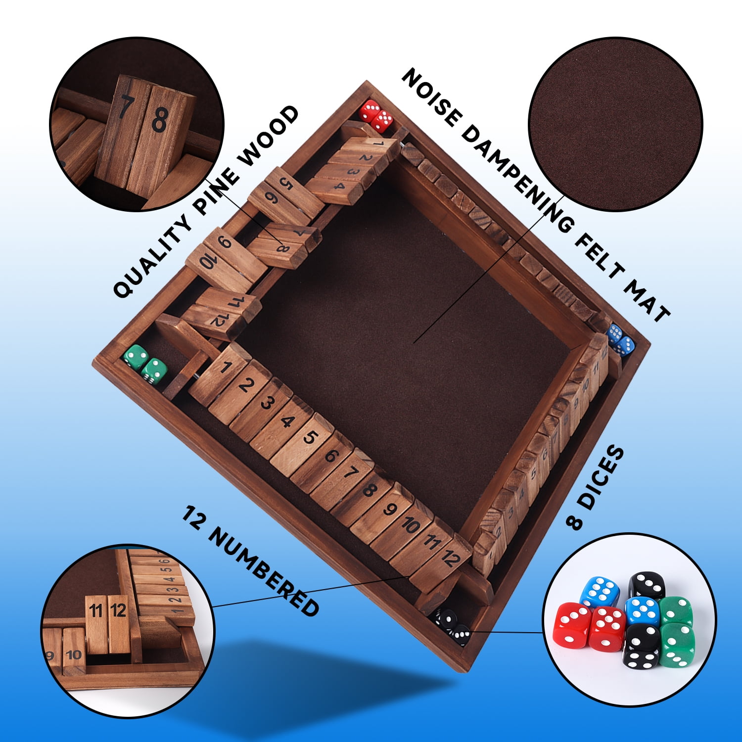 GSE Games & Sports Expert 4-Player 12 Numbers Wooden Shut The Box Dice Board Game with 8 Dices Classic Tabletop Version of Popular English Pub Game