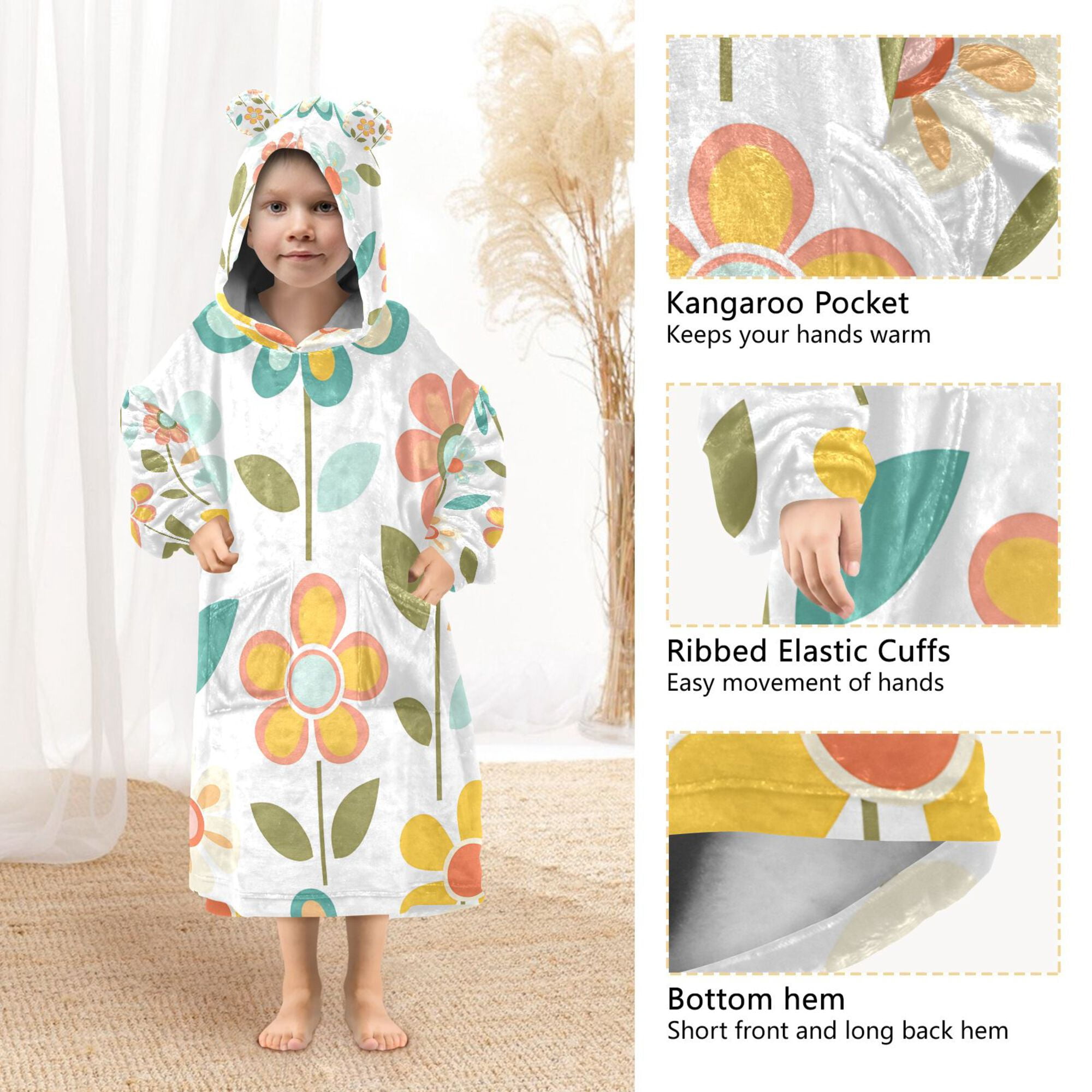 FORMRS Wearable Blanket Hoodie with Sleeves for Kids Cozy Flannel Sweatshirt, Orange Retro Flower