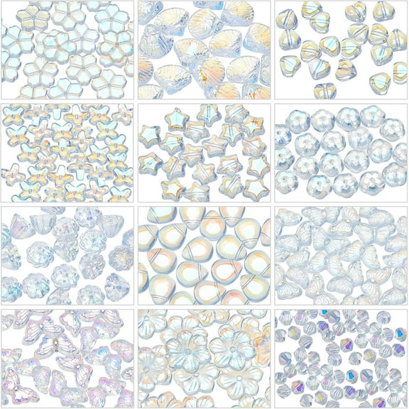 240 Pcs 12 Styles Glass Beads AB Color Plated Transparent Glass Charm Clover Flower Star Butterfly Glass Bicone Beads for DIY Earring Necklace Jewelry Crafts Making Colorful