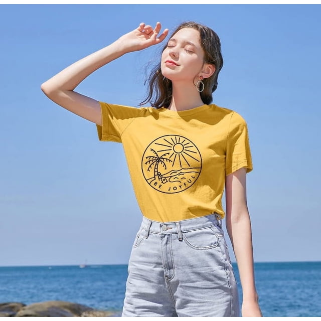 Be Joyful Camiseta Mujer Divertida Sunshine Tee Playa Cocoteros Camiseta Gráfica Manga Corta Tops,XL Rojo Verde