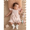 thumbnail image 4 of BemeyourBBs Toddler Baby Girls Smocked Rompers Summer One Piece Jumpsuits Clothes Solid Color Ruched Bowknot Front Fly Sleeve Infant Playsuit Ruffle Overalls Shorts, 4 of 8