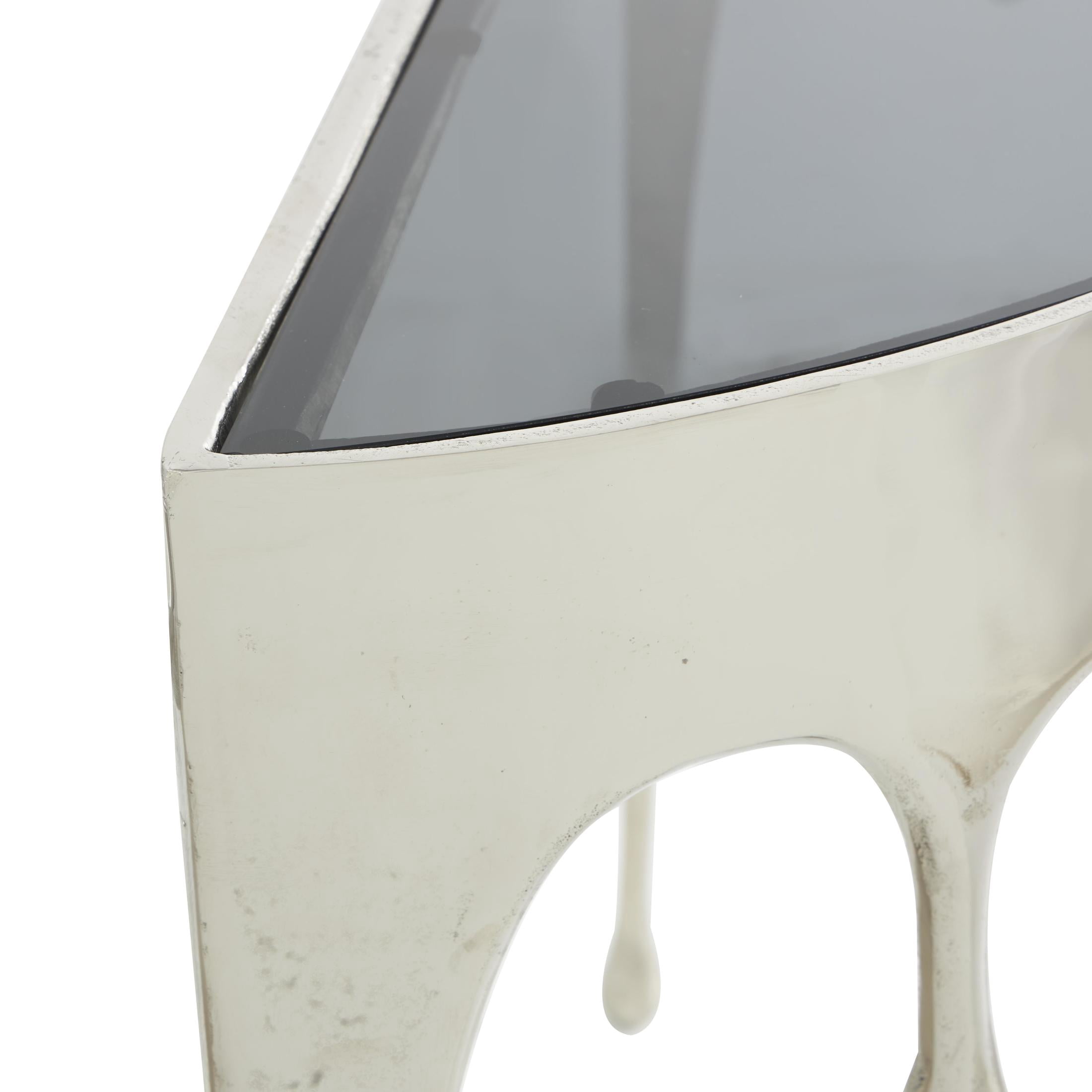 DecMode 36" x 32" Silver Aluminum Metal Half Moon Drip Abstract Console Table with Melting Designed Legs and Black Glass Top, 1-Piece