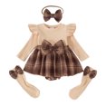 thumbnail image 3 of Quealent Newborn Baby Girl Plaid Flannel Ruffle Long Sleeve Romper Dress Fall Outfits Socks Headband Winter Clothes Bodysuit Jumpsuit Photoshoot Cute Vintage (Khaki, 6-9 Months), 3 of 9