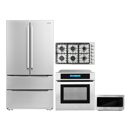 Cosmo 4 Piece Kitchen Package 36  Gas Cooktop 24  Single Electric Wall Oven 24.4  Countertop Microwave & Energy Star French Door Refrigerator