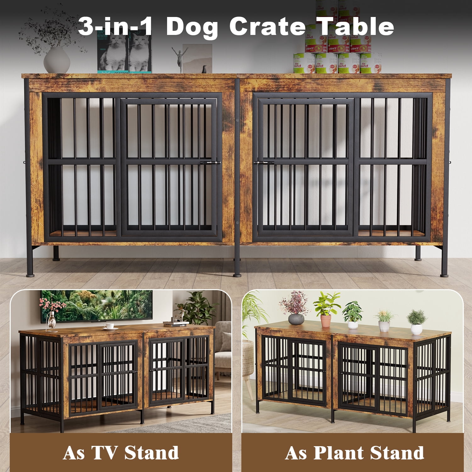 YOKWOK 78 Inch Dog Crate Furniture for Large Dogs with Sturdy Removable Divider, Extra Large Double Doors Dog Kennel Furniture,Thick Wooden Dog cage Furniture, Brown