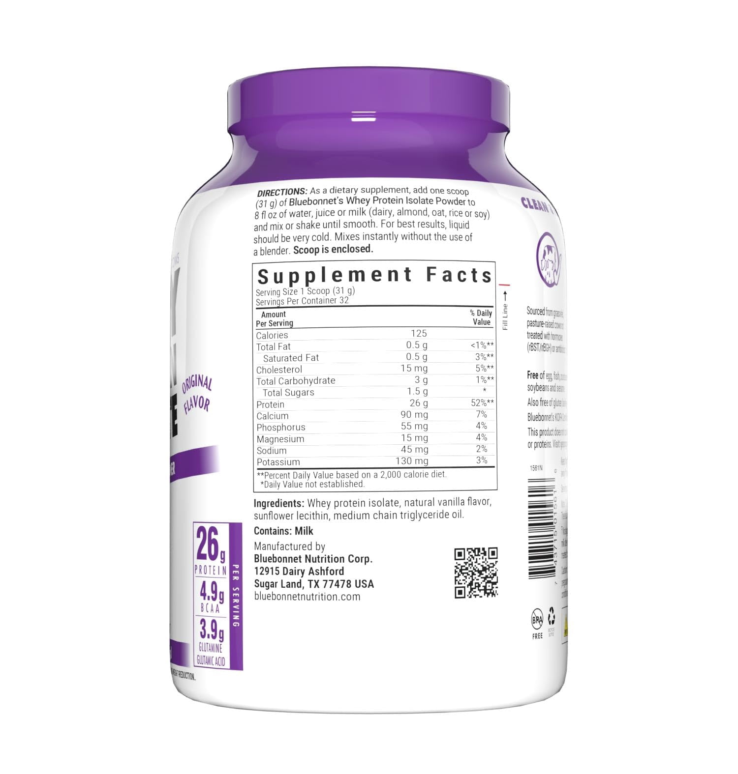 Bluebonnet Whey Protein Isolate Powder 26g From Grass Fed Cows, No Sugar Added, 2.2 lbs
