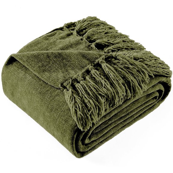 Home Farmhouse Boho Decor Chenille Throw Blanket, Soft for Couch Sofa Chair Bed, Olive Green 50" X 60"