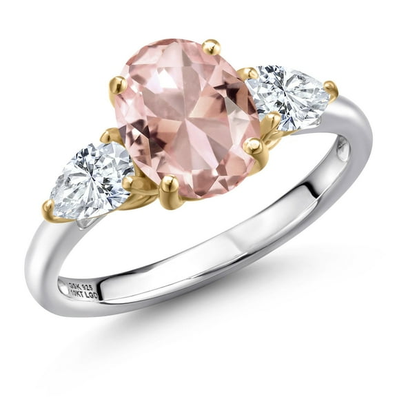 Gem Stone King 925 Silver and 10K Yellow Gold Peach Nano Morganite and White Zirconia Engagement Ring for Women | 2.78 Cttw | Oval 9X7MM | Gemstone October Birthstone | Size 7