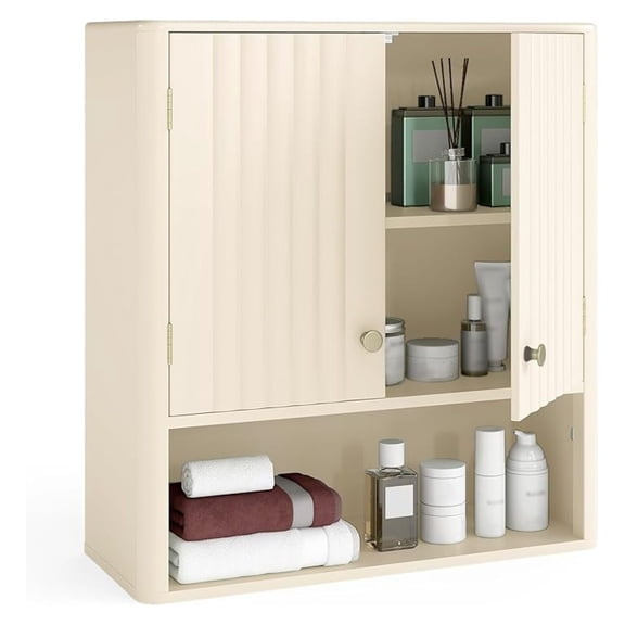 Fluted Bathroom Wall Cabinet, Modern Double Door Medicine Cabinet w/Open Shelf & Adjustable Shelf, Wall Mounted Over The Toilet Storage Organizer for Laundry Room, Kitchen (Beige)