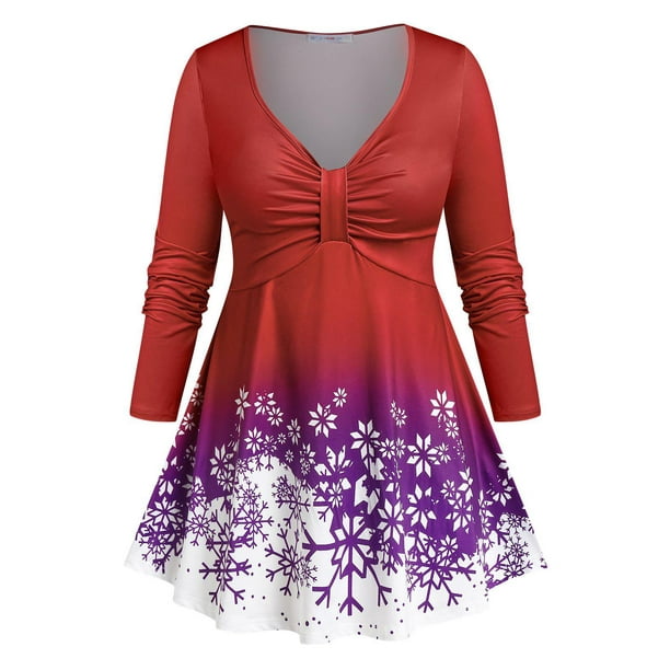 Camiseta Talla Extra Estampado Copo de Nieve Acanalado Rosegal Mangas largas de talla grande