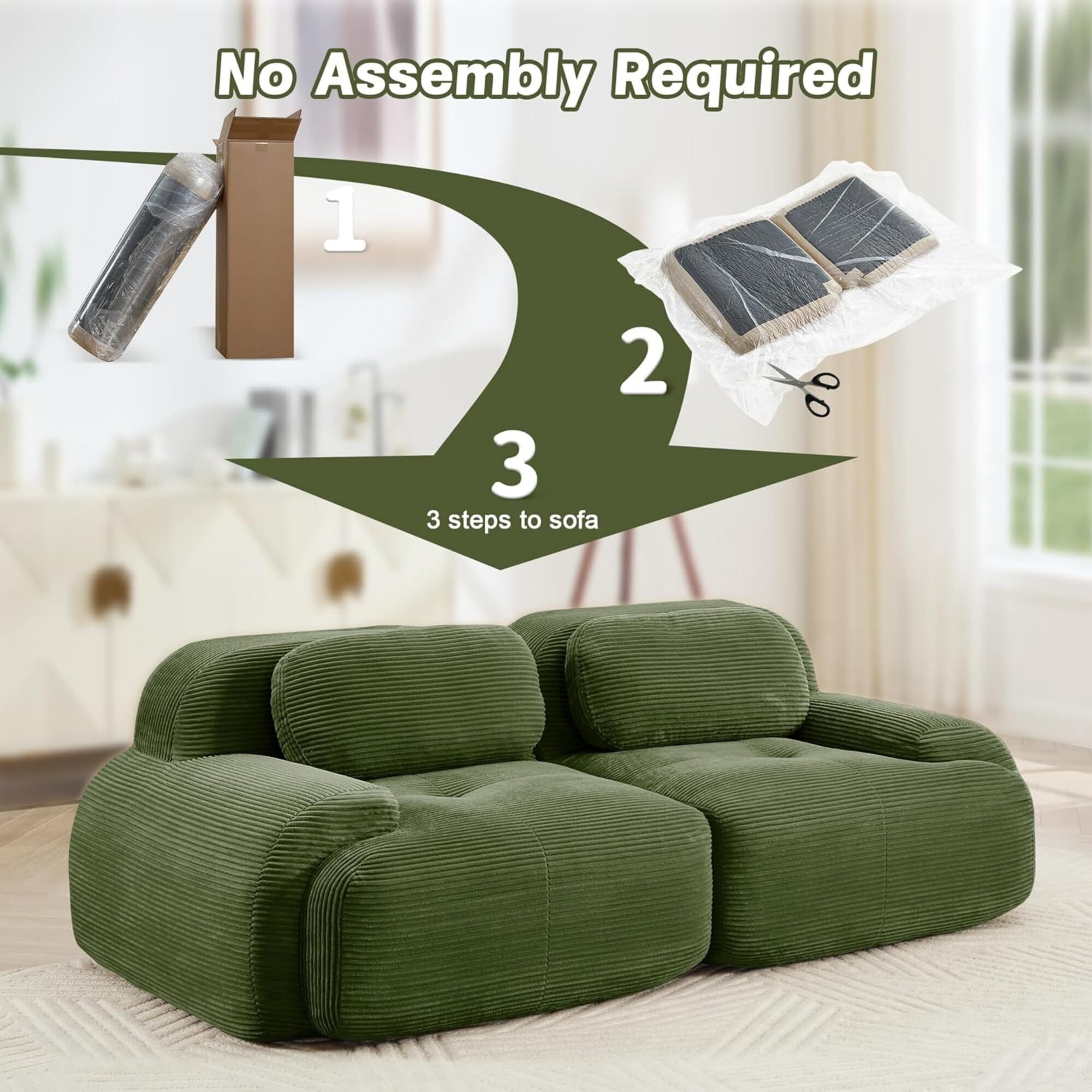 DEALTOPS 82" Oversized Corduroy Loveseat Sofa, Comfy 2-Seater Couch for Living Room & Bedroom, No Assembly, Green