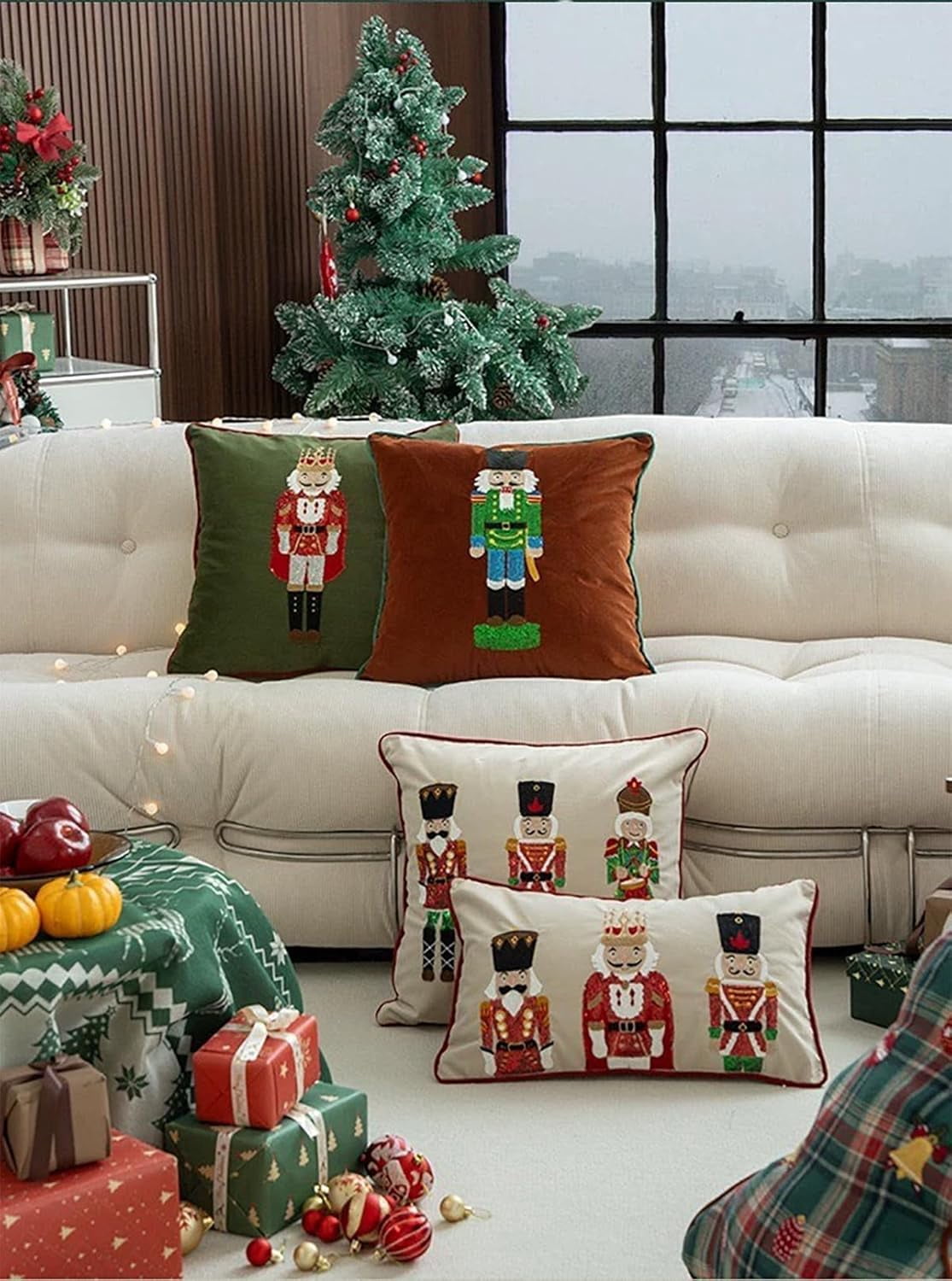 Fennco Styles Embroidered Sequin Nutcracker Velvet Throw Pillow Cover 18" W x 18" L - White Festive Cushion Case for Home, Christmas, Winter Holidays Décor, and Special Occasions