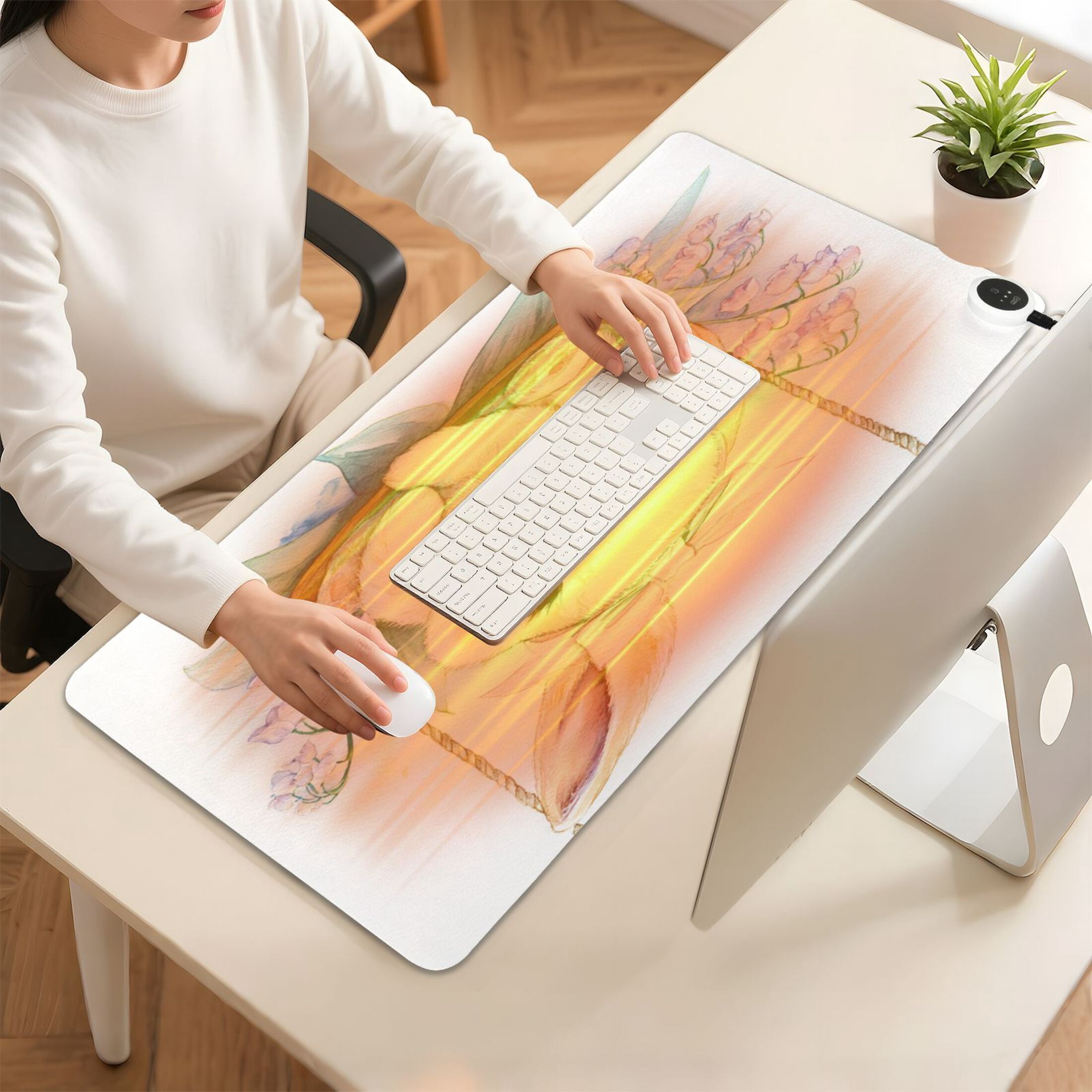 Large Heated Desk Mat Mouse Pad 31.5"x13"PU Leather Graphene Heating Desk Warmer with 3 Temperature Settings 110V US Plug Non-Slip Warm Pad for Home, Office, and Gaming Spring Bunny with Flowers