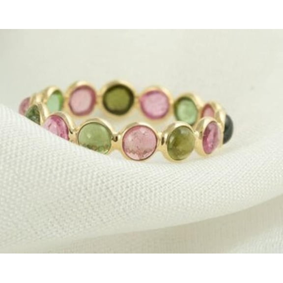 Natural Watermelon Tourmaline Ring, Solid 9K Gold, Eternity Ring, Rainbow Band, Stackable Ring, Minimalist Wedding Band, Gift For Her