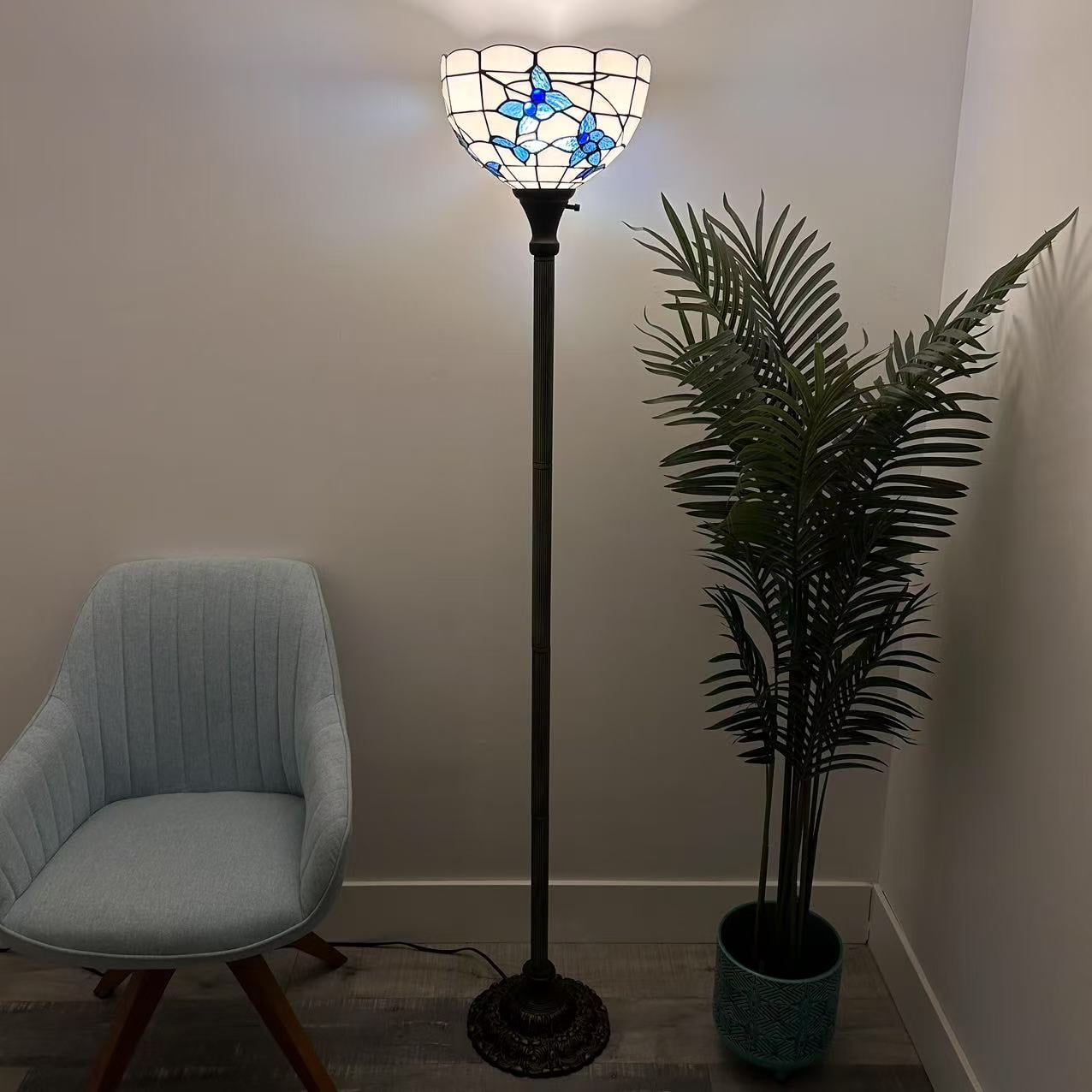 Tiffany Torch Floor Lamp White Stained Glass Flowers LED Bulb Included 12"W*12"D*66"H