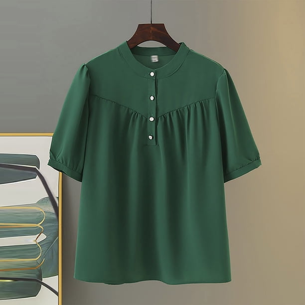 Fiudx Ofertas de La Semana Camisas Sueltas de Color Sólido de Verano para Mujer, Blusas Plegables de Manga Corta con Cuello Vuelto