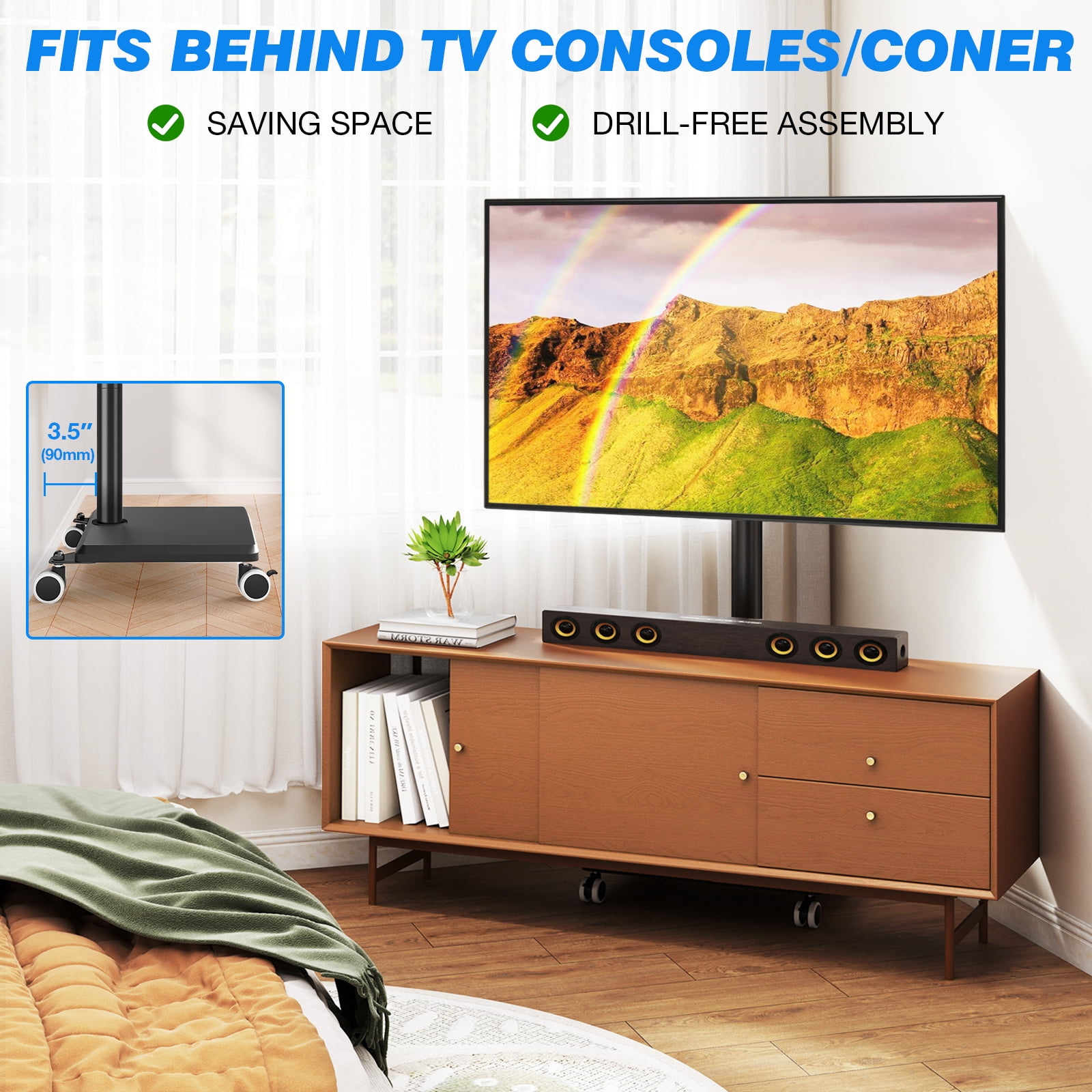 RTVR 32 to 60 inch Mobile TV Stand Cart, Tall Floor TV Stand with Swivel Mount, Height Adjustable Rolling Furniture Black