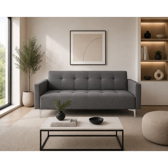 Sofa Cama Reclinable EL BAZAR STORE Paris Lino Gris Oxford Moderno abotonado