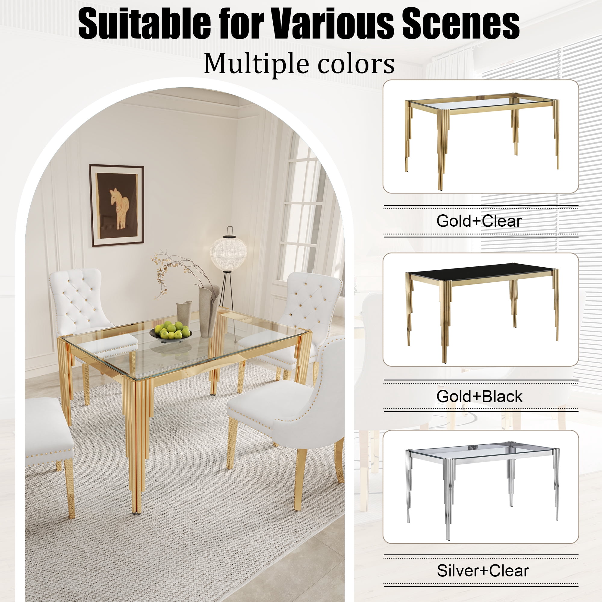52.7" Rectangular Clear Tempered Glass Dining Table for 4 People, Modern Kitchen Table with Irregular Stainless Steel Legs, Dining Table for Small Space, Apartment Studio, Home Office