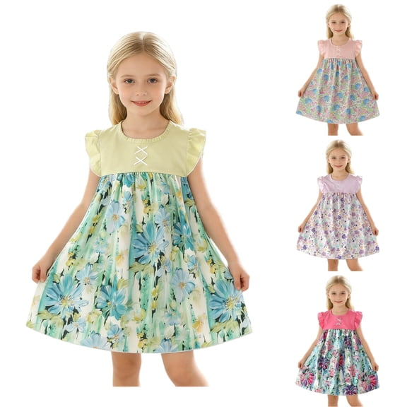 SROBPTY Girls Summer Dress Print Crew Neck Mid-Length Short Sleeve Sundress for 6 Months -10 Years
