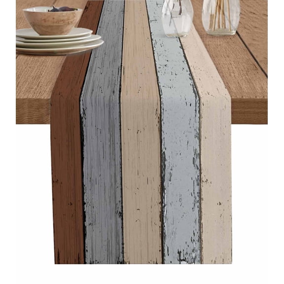 Rustic Brown Wood Short Table Runners 48 Inches, Cotton Linen Fabric Table Runner Dresser Scarf, Ombre Farm Gradient Retro Grain Tablerunner for Party/Kitchen/Dinner/Wedding Decor 13''x48''