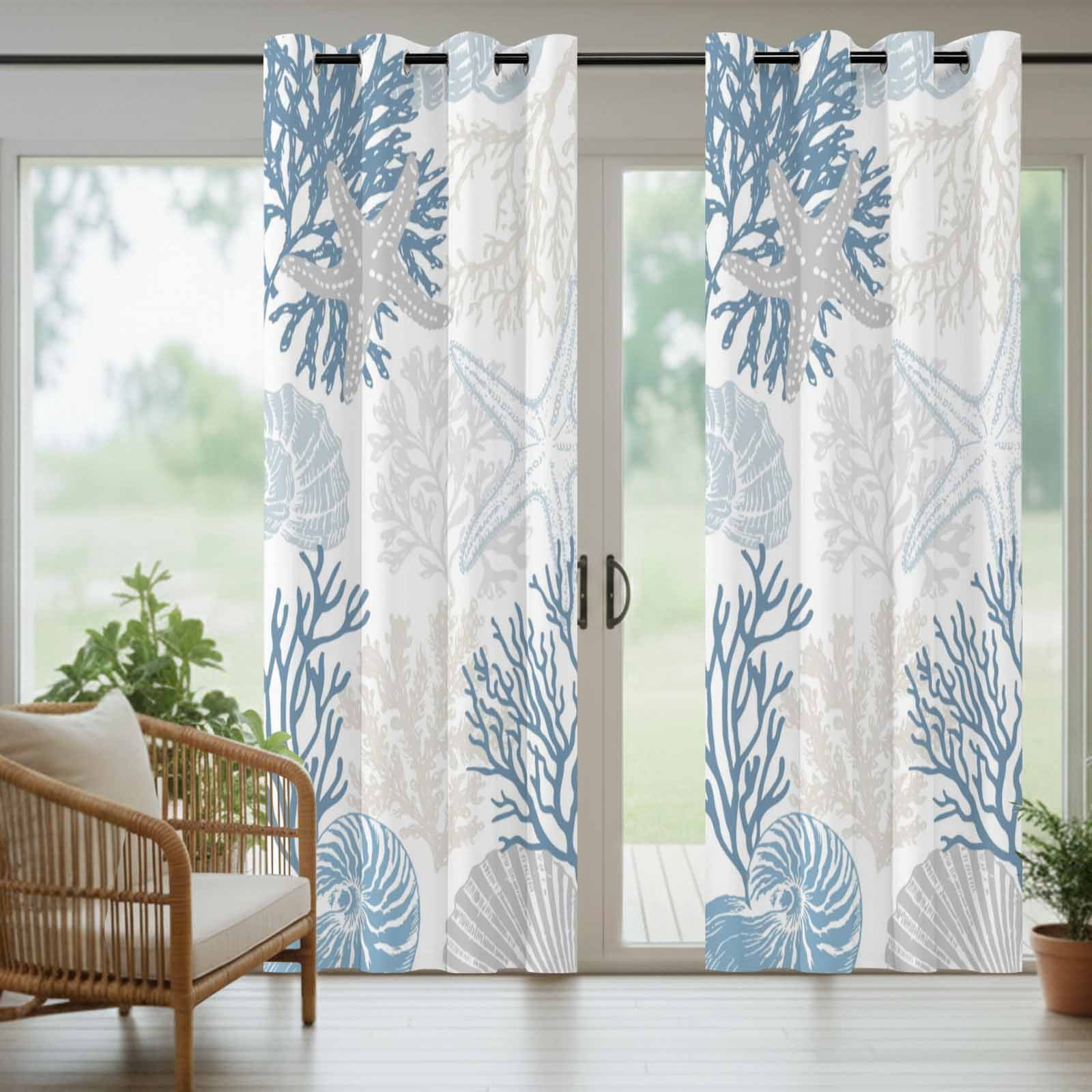 Summer Marine Life Outdoor Curtains for Patio, Graffiti Corals Gray Shell Sea Conch Starfish Sunshade Privacy Drapes Grommet Waterproof Outside Curtains for Porch/Cabana/Balcony 54"x 108", 1 Panel