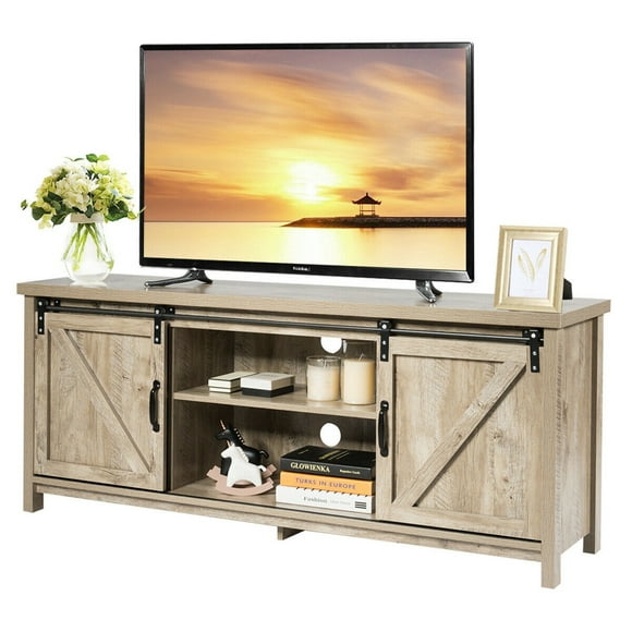 Costway TV Stand Media Center Console Cabinet Sliding Barn Door for TV's 60'' White Oak