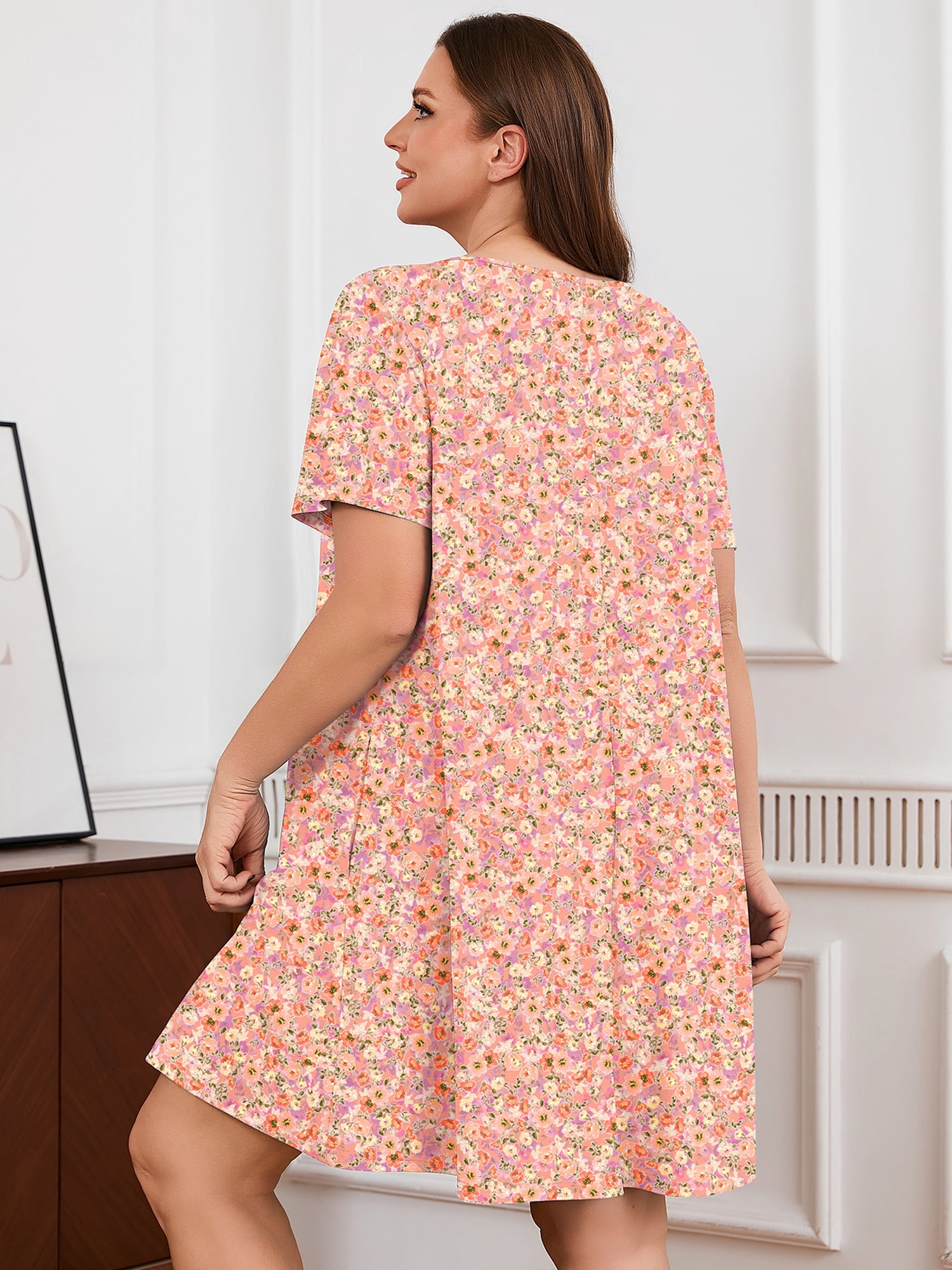 SHOWMALL Nightgowns for Plus Women Soft Short Sleeve Pajama Dress with Pockets for Sleep Night Soft Bloom Pink 3X