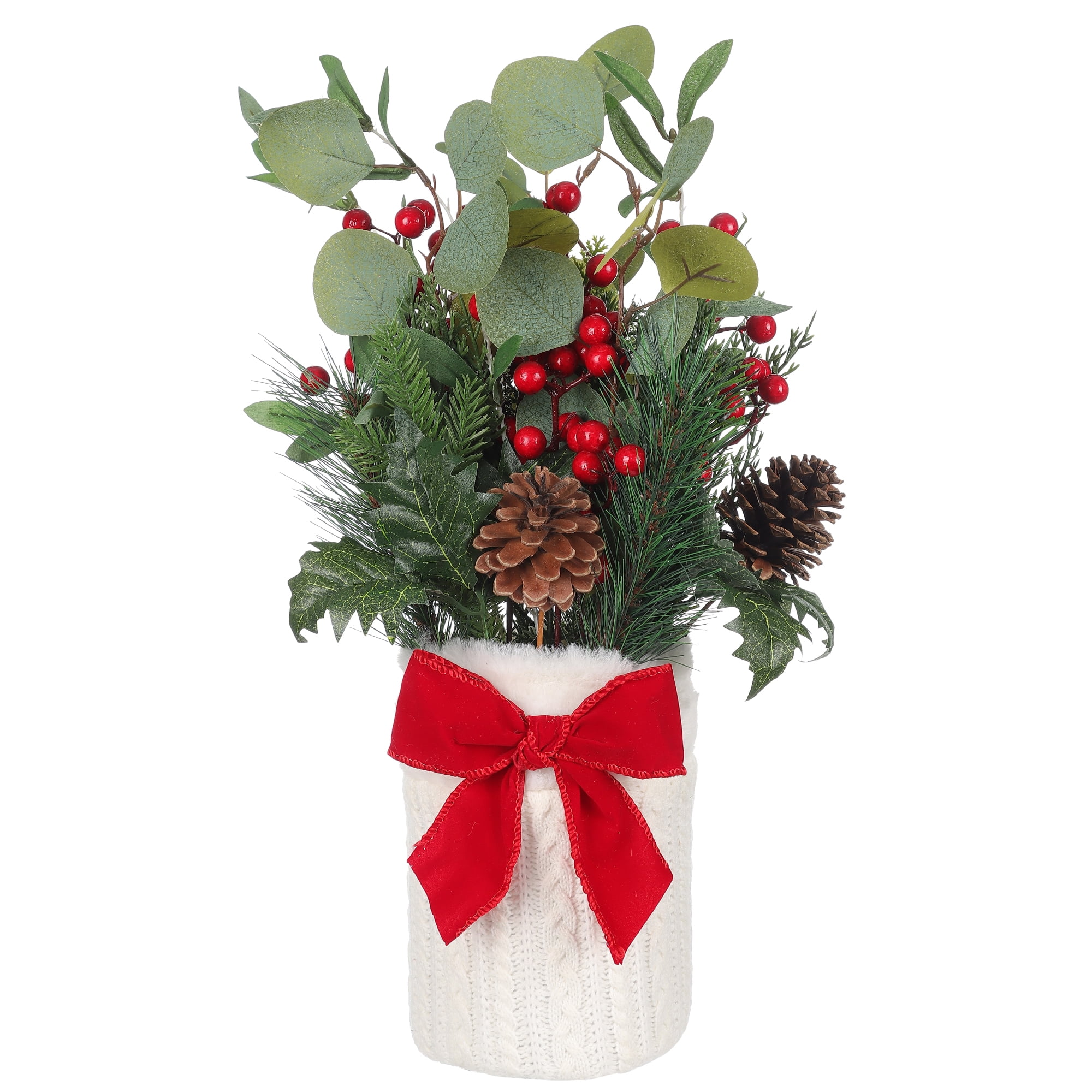 Holiday Time Faux Greenery with White Cable Knit Pot Tabletop Christmas Decoration