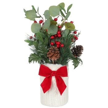 Holiday Time Faux Greenery with White Cable Knit Pot op Christmas Decoration