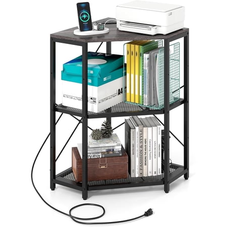 Corner Printer Stand with Power Outlet, 3-Tier Storage Rack with Adjustable Metal Mesh Shelf, Freestanding Corner Table Computer Tower Holder for Home Office Living Room (Grey & Black)