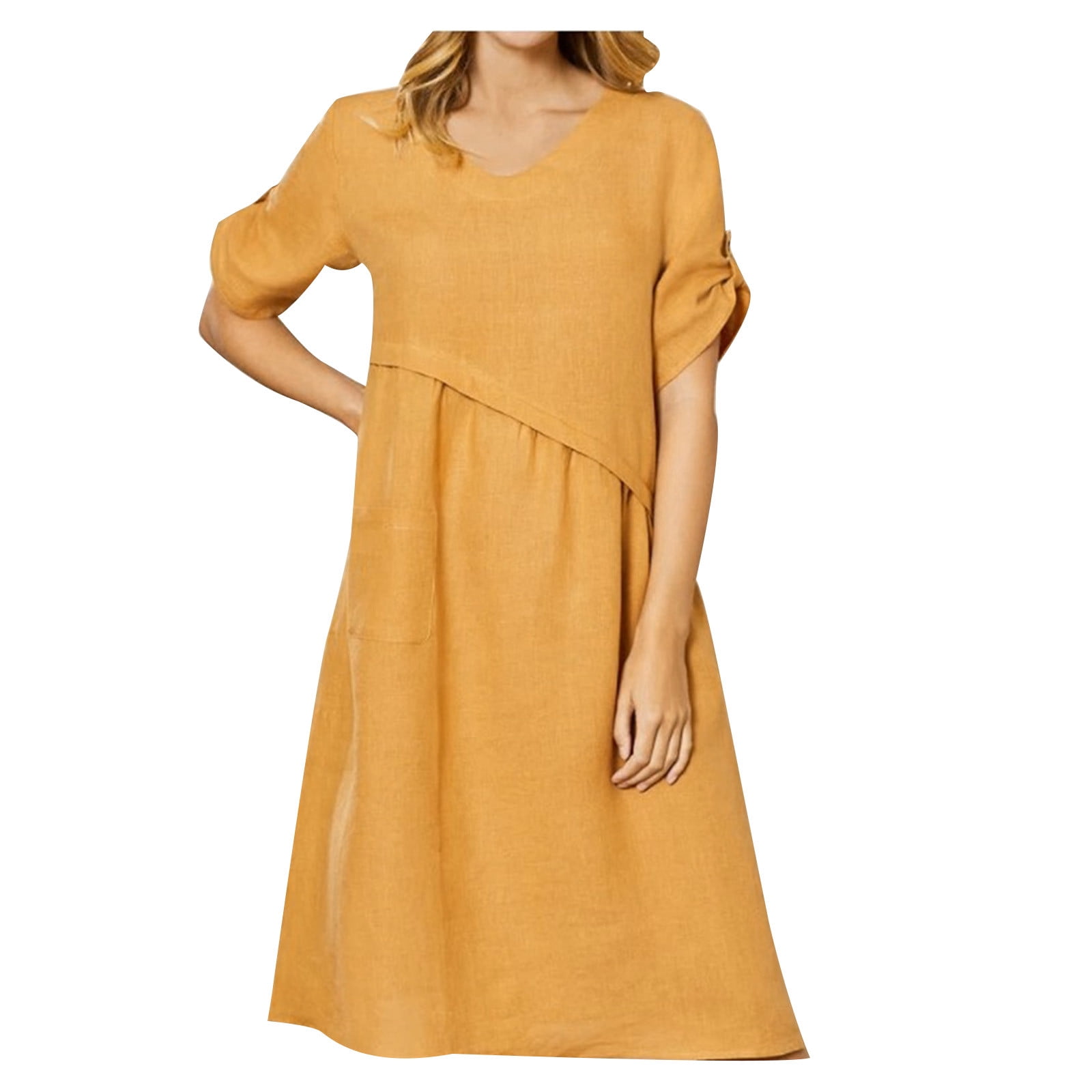 EQWLJWE Summer Dresses For Women Womens Dresses Clearance Womens Spring And Summer Round Neck Solid Cotton And Linen Casual Pocket Short Sleeved Dress