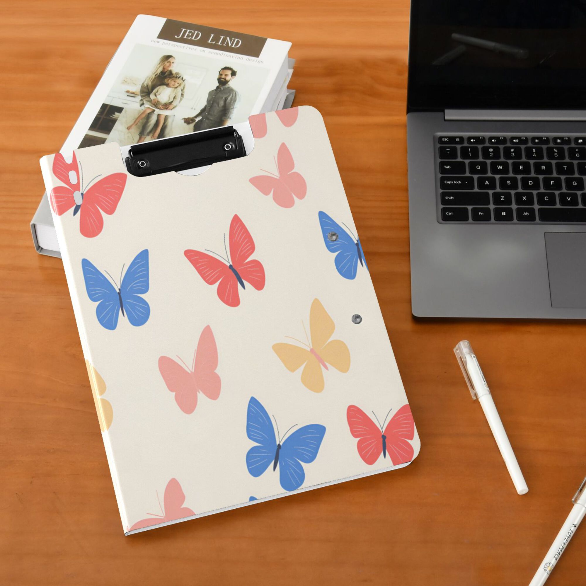 FORMRS A4 Clipboard Folder with Pen Holder Horizontal Foldable School Office Binder, Red Butterflies
