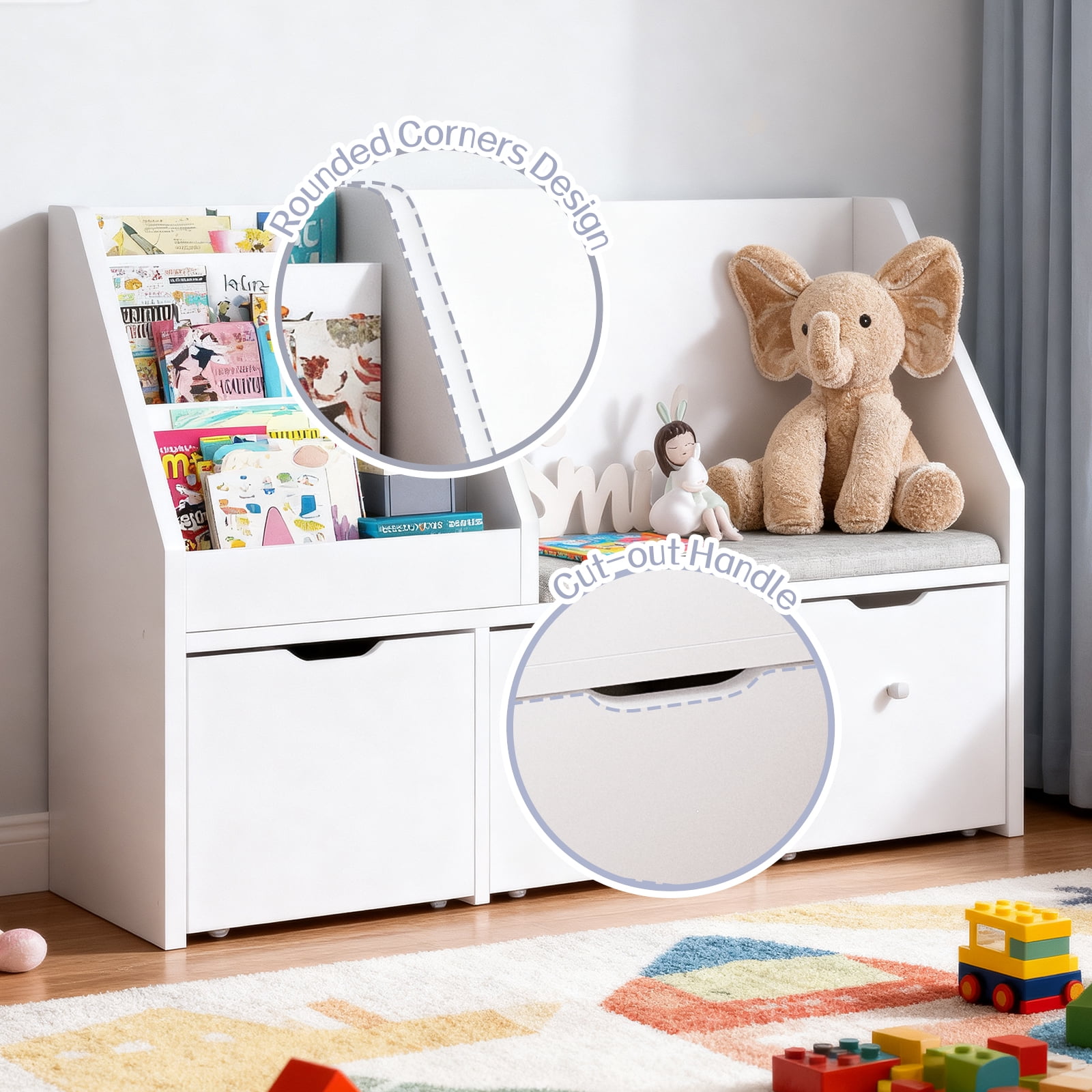 Kbun 40in Kids Bookshelf,  Book Wood Storage Organizer with 3 Large Drawers, Toy Storage Organizer for Playroom Bedroom, White