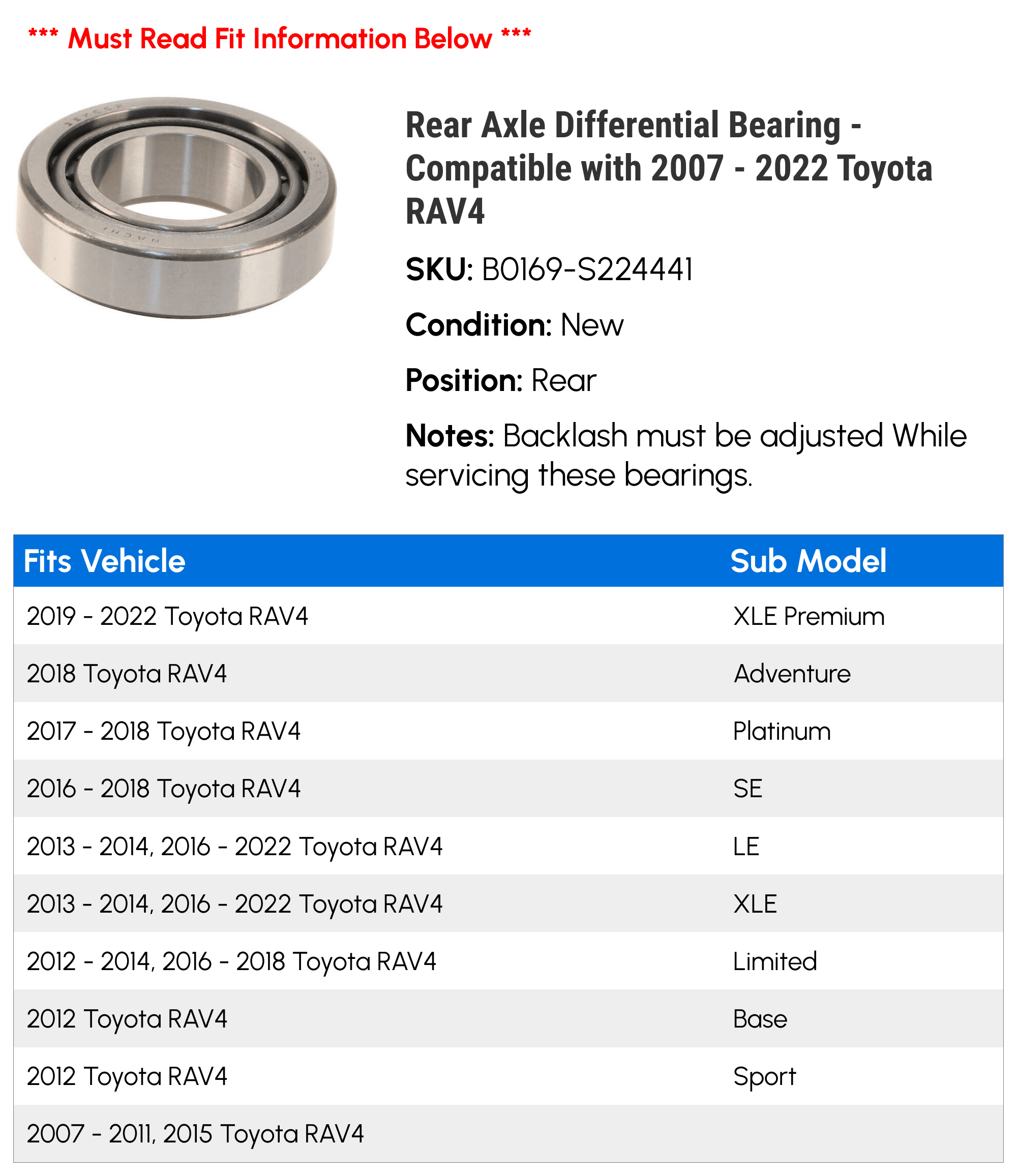 Rear Axle Differential Bearing - Compatible with 2007 - 2022 Toyota RAV4 2008 2009 2010 2011 2012 2013 2014 2015 2016 2017 2018 2019 2020 2021