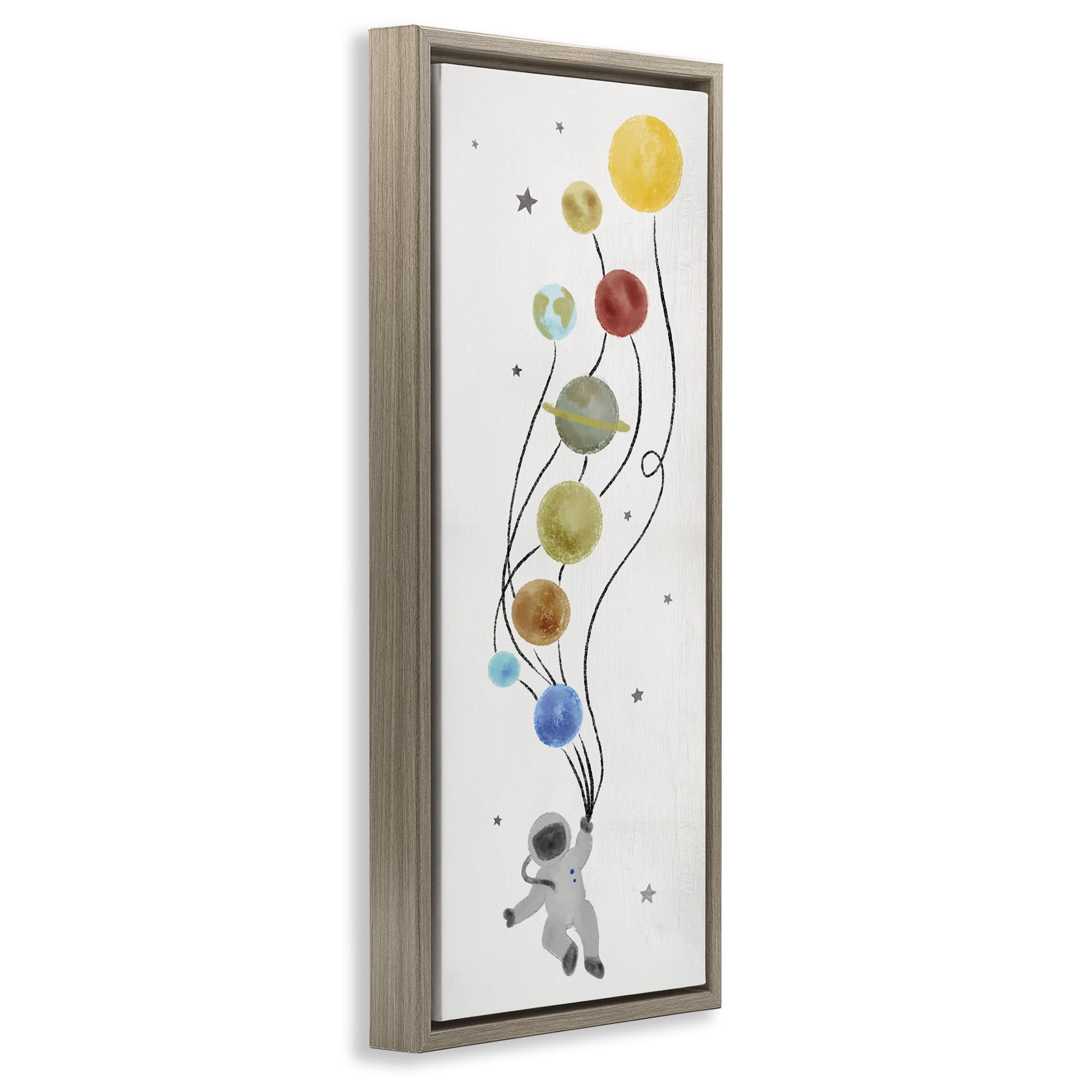 Stupell Industries Whimsical Astronaut Floating Balloon Abstract Painting Brown Floater Framed Canvas Art Print Wall Art, 11 x 25