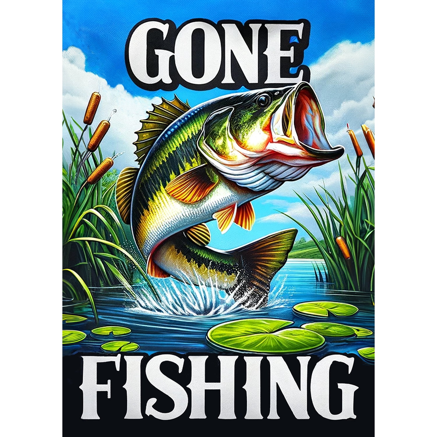 America Forever Gone Fishing Bass House Flag, 28 x 40 inch Double Sided, Lake Adventure Banner, Outdoor Fishing Decor, Angler Yard Flag