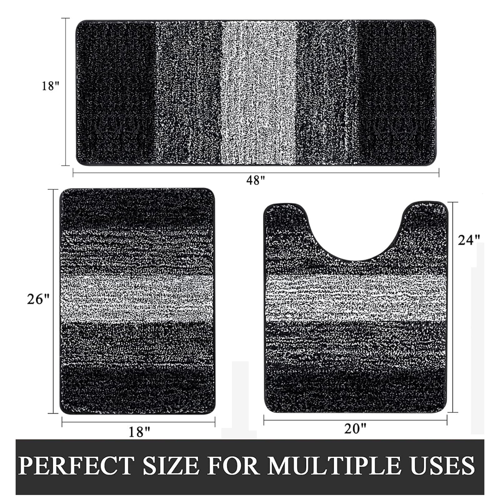Bathroom Rugs, Yamaziot Bath Mat Set of 3, Absorbent Microfiber Bath Rug, Non-Slip Shaggy Ultra Soft Bathroom Mat with U Shaped Contour Toilet Mat for Tub Front, Shower Floor, Black