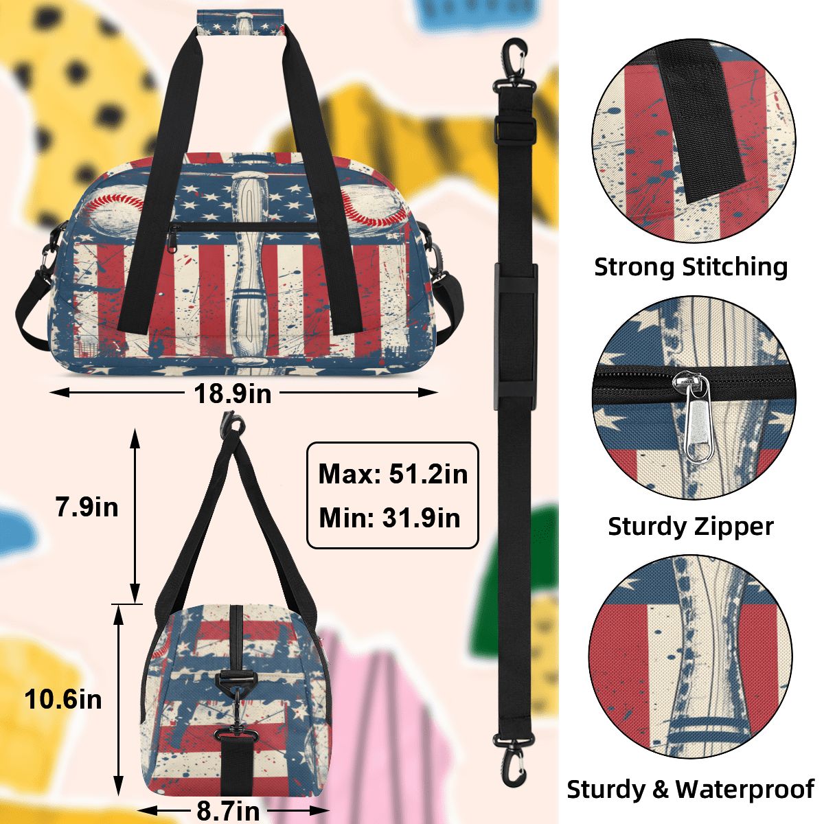 Herdesigns Vintage Baseball Sports Duffle Bag for Women & Men, Gym Bag Dance Bag Overnight Bag Carry On Weekender Travel Bag