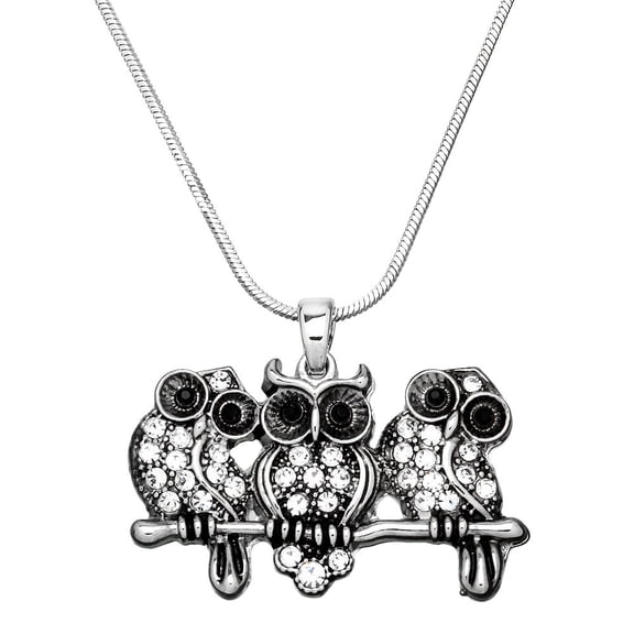 Triple Owl Pendant Necklace Clear Rhinestone Crystal Rhodium Plated 17 Inch Snake Chain J0319