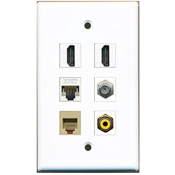 RiteAV - 2 HDMI 1 Port RCA Yellow 1 Port Coax Cable TV- F-Type 1 Port Phone RJ11 RJ12 Beige 1 Port Cat5e Ethernet White Wall Plate