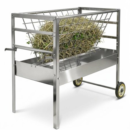 2-in-1 Weatherproof 65LBS Livestock Feeder with Wheels Easy Rolling Mobile Hay Rack Large Capacity Grain Bin Durable Feed Rack for Outdoor Pasture