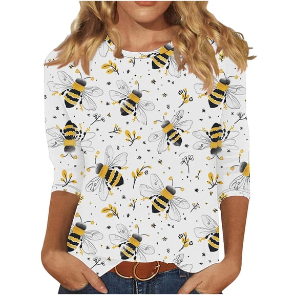 Bee Festival 3/4 Length Sleeve Womens Tops Round Neck Loose Spring Tee Shirts Dressy Casual Print Blouses Tunic