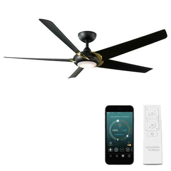 WAC Lighting Lucid Indoor Outdoor 5-Blade Smart Ceiling Fan 62in with 3000K LED and Remote Control - 62 Soft Brass Arms/Matte Black