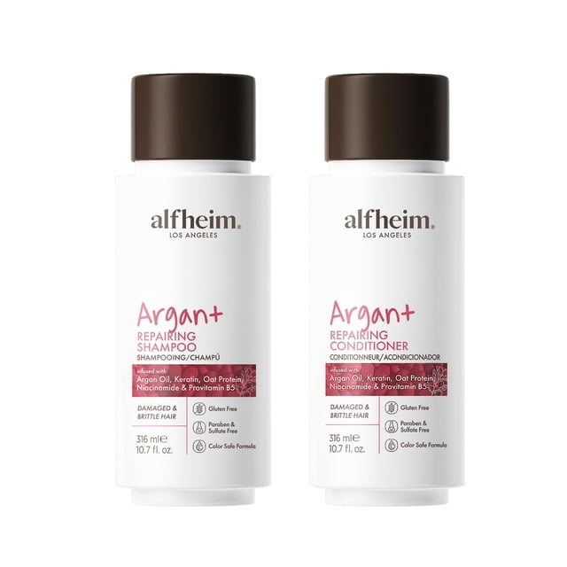 Juego de champú y acondicionador reparador de argán Alfheim | Sin sulfatos ni parabenos | Queratina de aceite de argán y niacinamida para cabello seco y dañado tratado con color | Fortalecimiento hidr