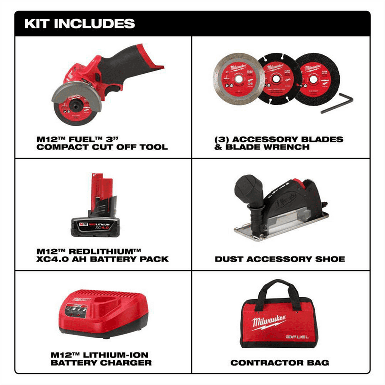 Milwaukee M12 Fuel 3" 12V Brushless Cut Off Tool 2522-21XC with 4Ah Battery, Charger, Carbide Abrasive Blade, Diamond Tile Blade, & Tool Bag