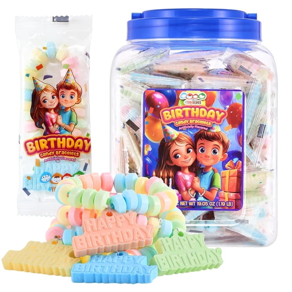 Happy Birthday Candy Bracelets, 36 Count, 19.05oz Total, Birthday Party Favors for Kids, by 4YoreElves