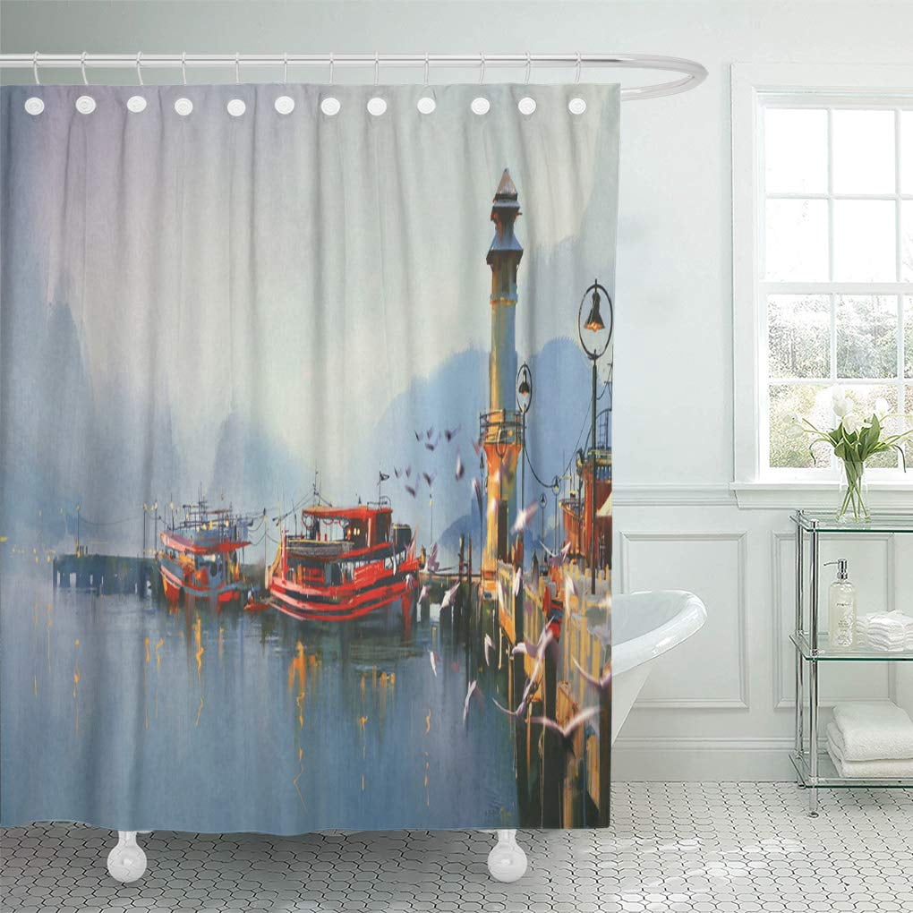 Cynlon Blue Scenery Fishing Boat In Harbor At Morning Watercolor Bathroom Decor Bath Shower Curtain 66x72 Inch Walmart Com Walmart Com