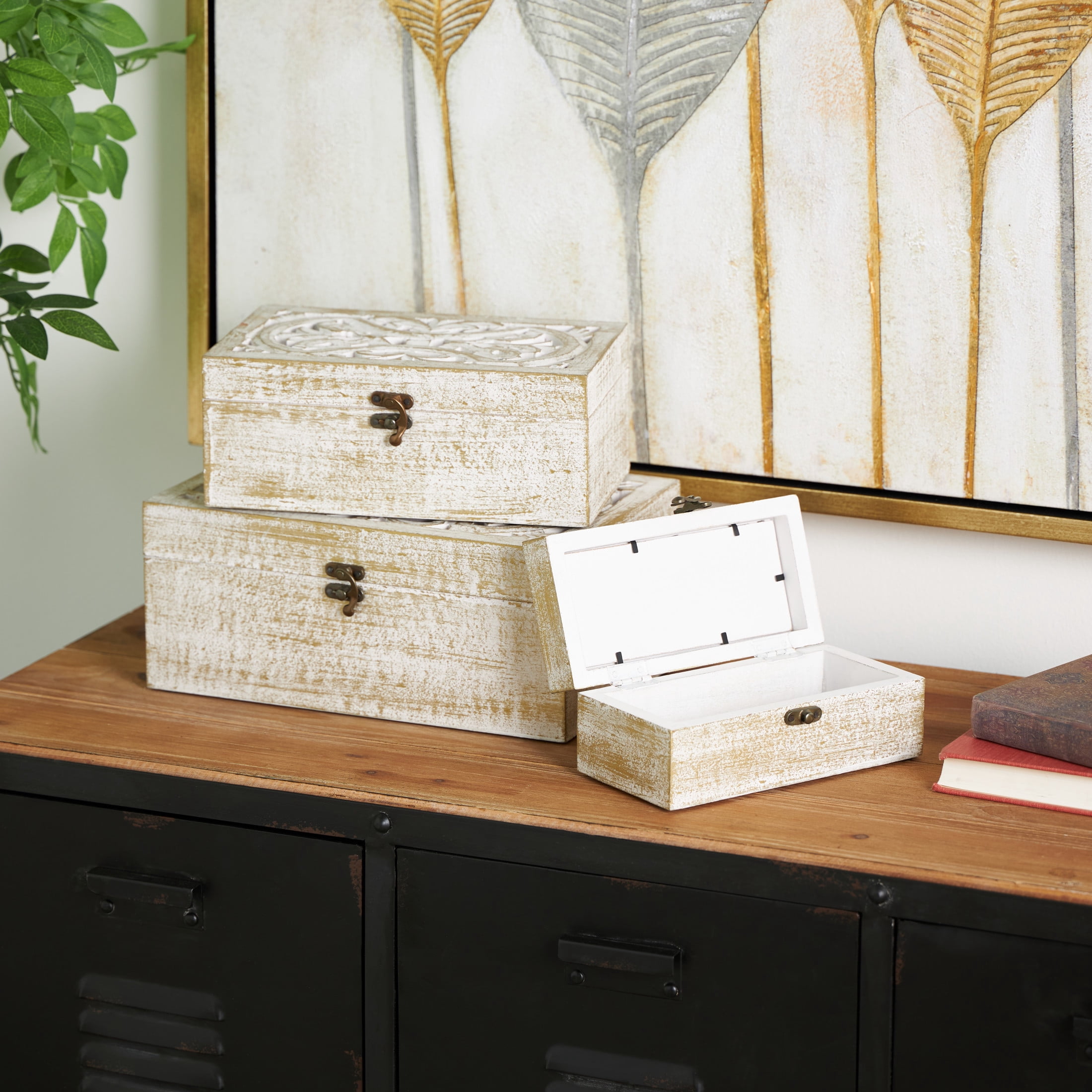 DecMode Floral Handmade White Mango Wood Decorative Box with Hinged Lid, 3 Count