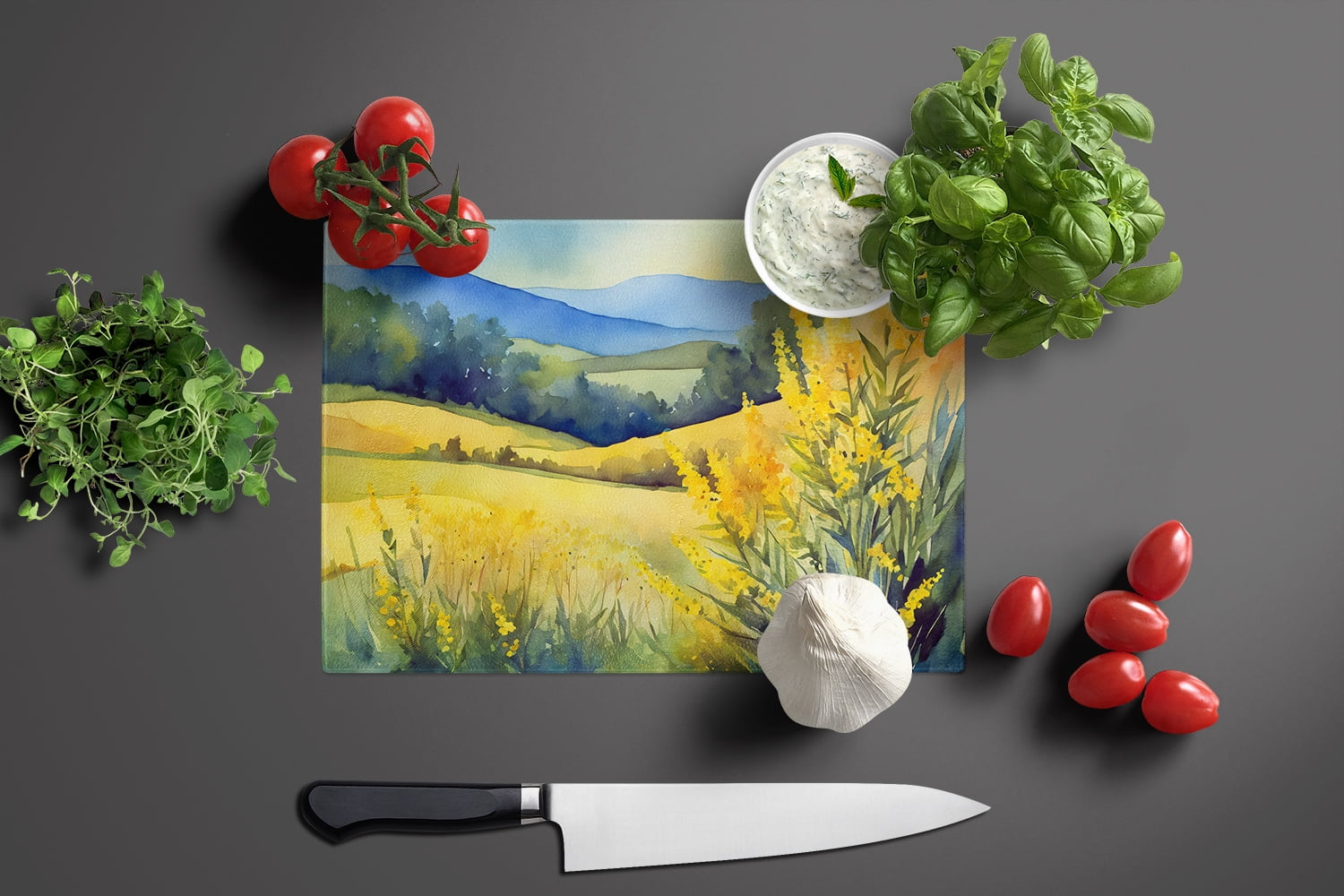 Kentucky Goldenrod in Watercolor Glass Cutting Board Large 12 in x 15 in